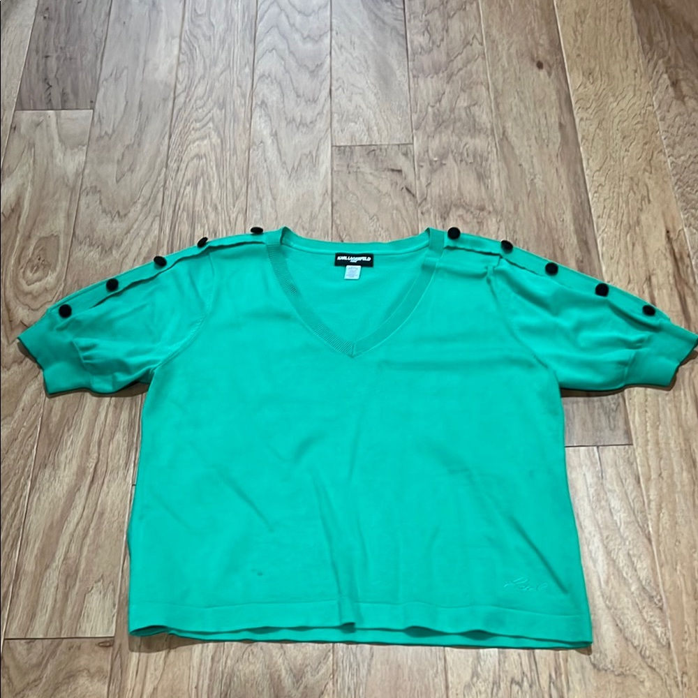 Karl Lagerfeld Green V-Neck Sweater with Black Button Accents